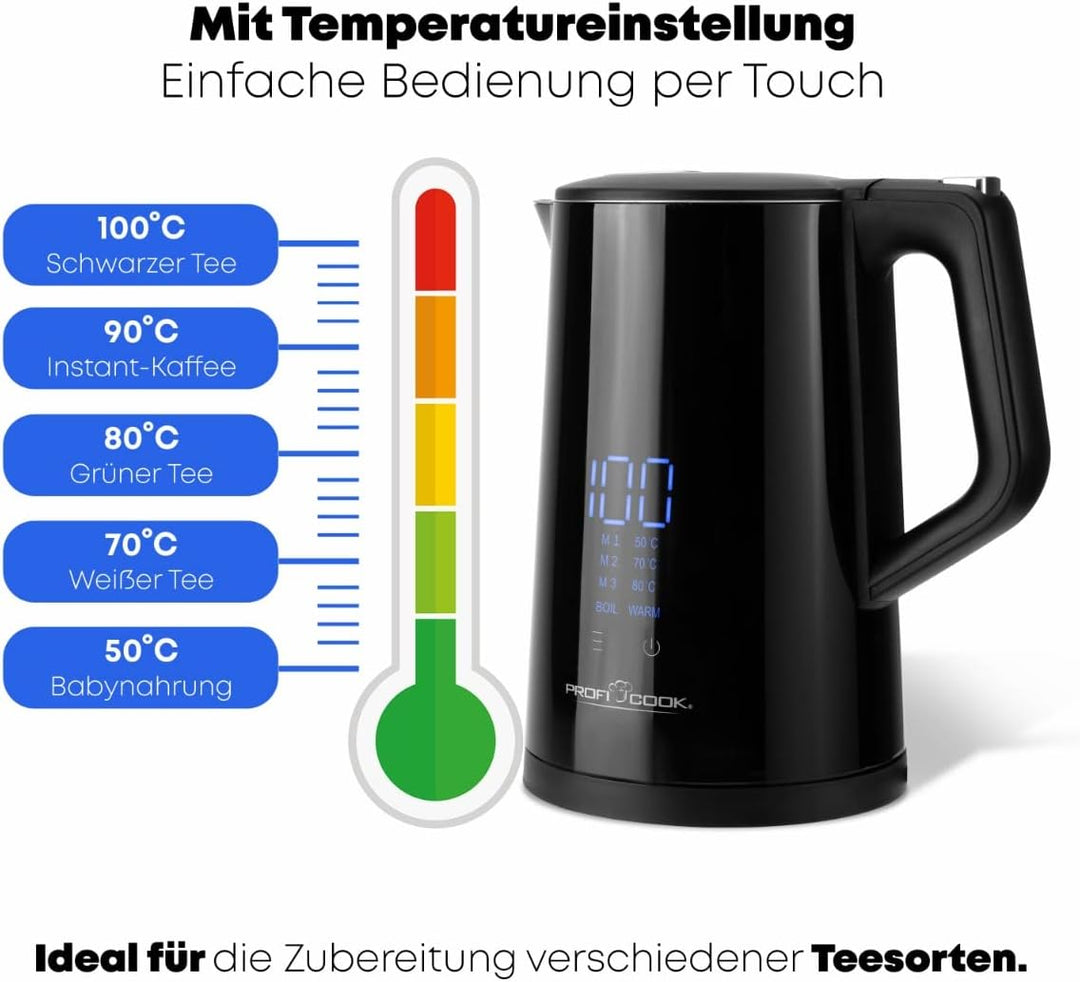 ProfiCook® Wasserkocher mit Temperatureinstellung 1,7 Liter – Temperaturauswahl 50°-100°C, Soll &amp; Is