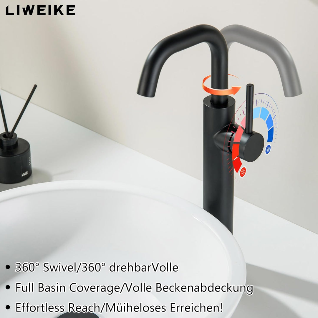 LIWEIKE Wasserhahn Bad Schwarz, waschtischarmatur hoch 360° Drehbar einhebelmischer waschbecken mit