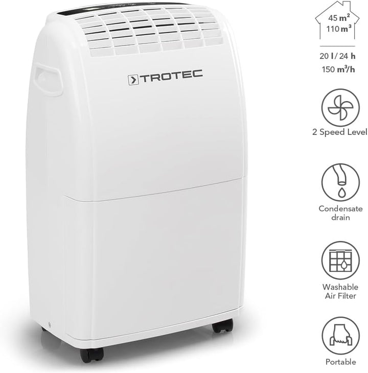 TROTEC Raumentfeuchter elektrisch TTK 75 E – Leistung 20 L/Tag – Fläche 45 m² / 110 m³ – Entfeuchtun