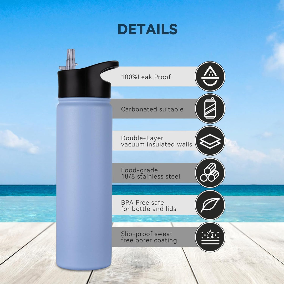 Edelstahl Trinkflasche - 750ml - mit Strohhalm,Auslaufsicher,Kohlensäure Geeignet,BPA frei Thermosfl