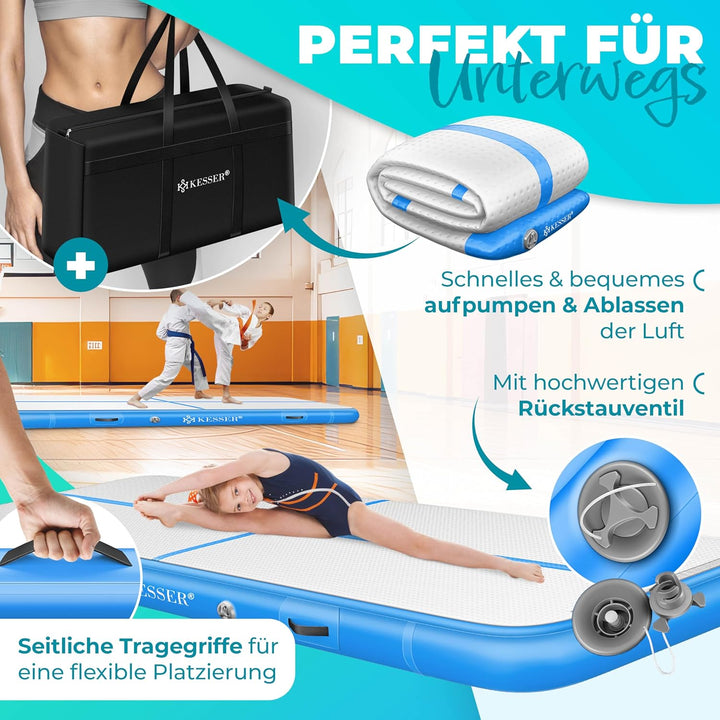 KESSER® Turnmatte Aufblasbar Airtrack Fitness-Matte Gymnastikmatte 3/4/5/6m | inkl. Tragetasche &amp; el