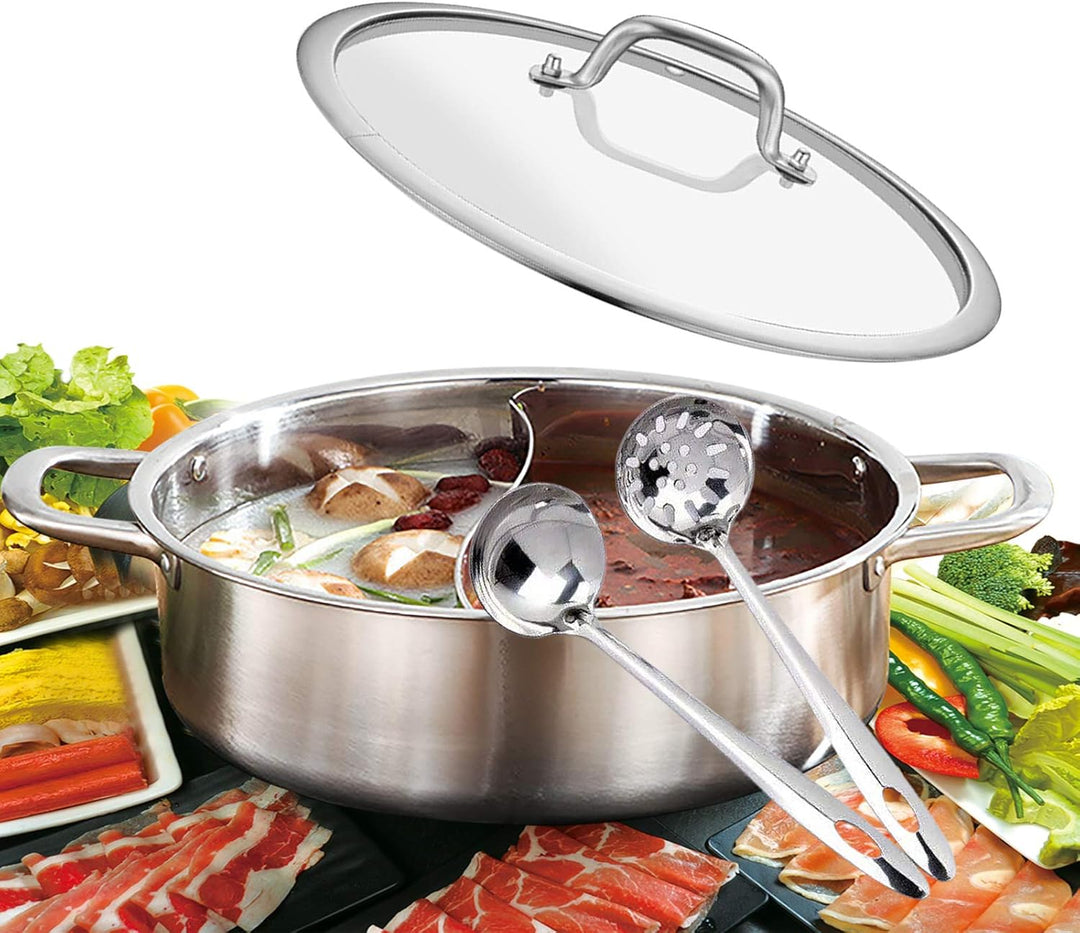 304 Lebensmittelqualität Edelstahl Shabu Shabu Hot Pot mit Trennwand, und 1 Deckel aus gehärtetem Gl
