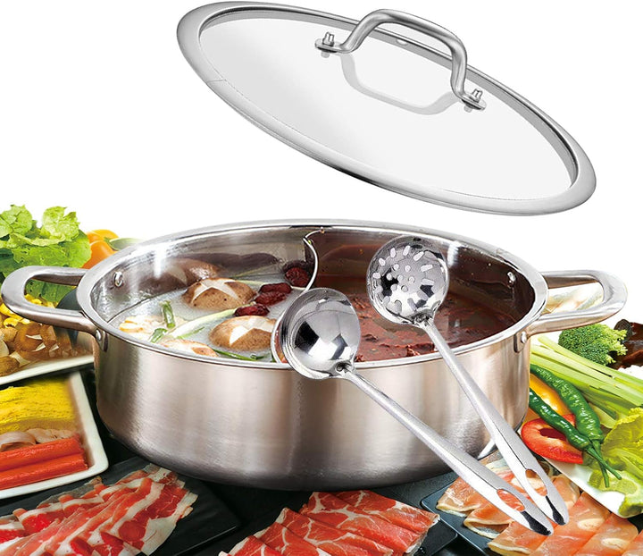 304 Lebensmittelqualität Edelstahl Shabu Shabu Hot Pot mit Trennwand, und 1 Deckel aus gehärtetem Gl