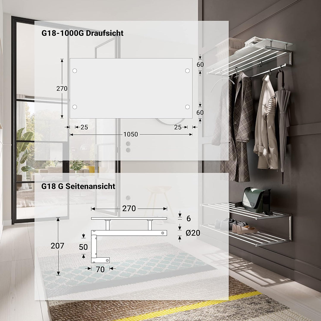 PHOS Design, G18-1000G, 100 cm Wandgarderobe mit Glasablage, Kleiderstangen aus Edelstahl matt 100 c