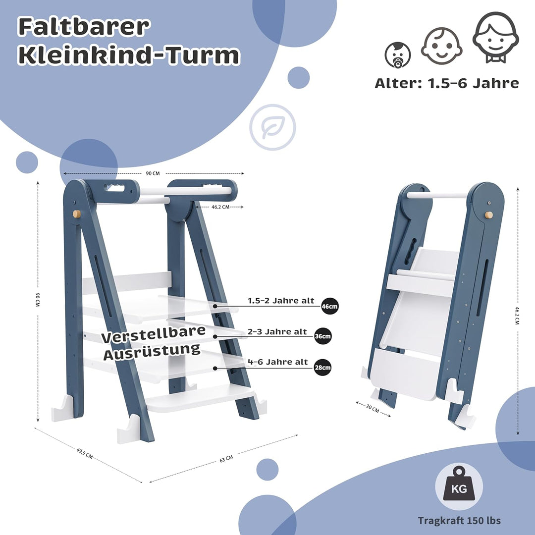 Klappbarer Toddler Tower Tritthocker, Höhenverstellbarer Kinderhocker mit Sicherheitsleiste & Rutsch