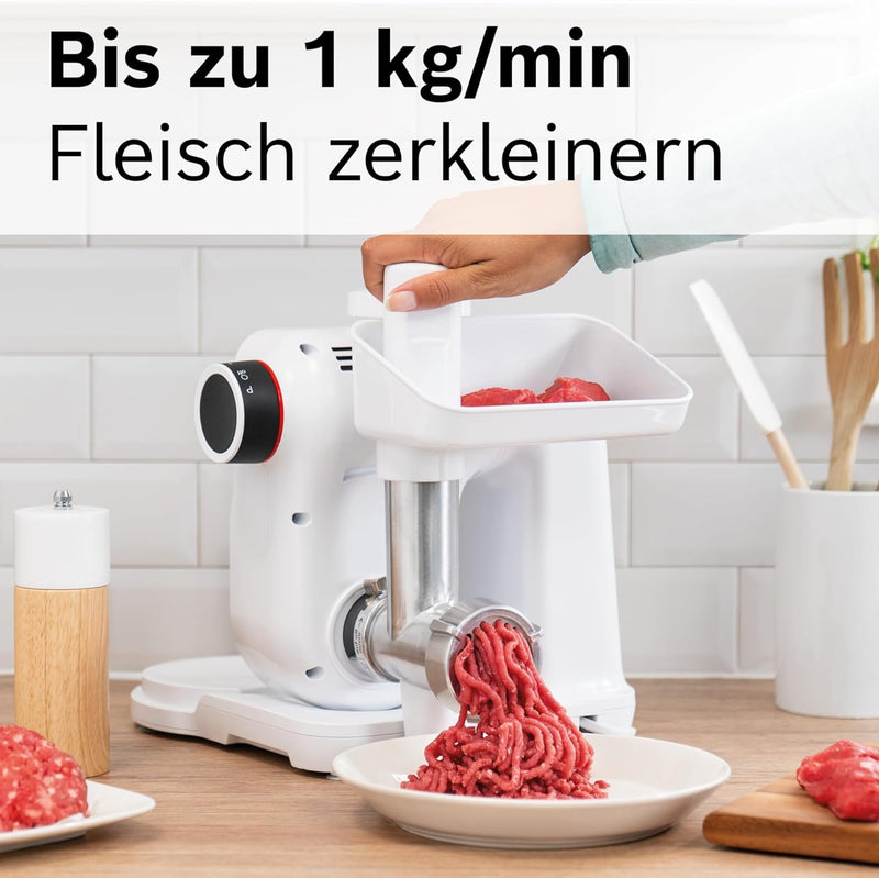 Bosch Fleischwolf MUZS2FWW, Fleischwolf-Aufsatz, Stopfer, Edelstahl Loch-Scheibe 4,5 mm, auch für Fi