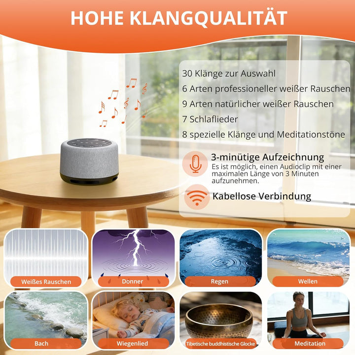 FUNYKICH White Noise Machine, 30 Klänge, Atemtraining, Aufnahmefunktion, 7 Farblicht & Atemlicht, Wi