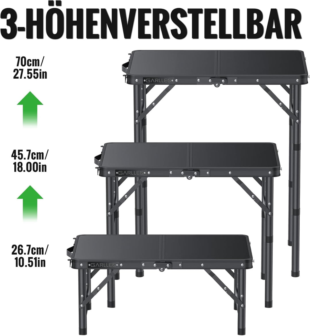 GARLLEN Campingtisch klappbar, 58x40cm & 3 einstellbare Höhen(26/48/70cm), Klapptisch Camping Tisch,