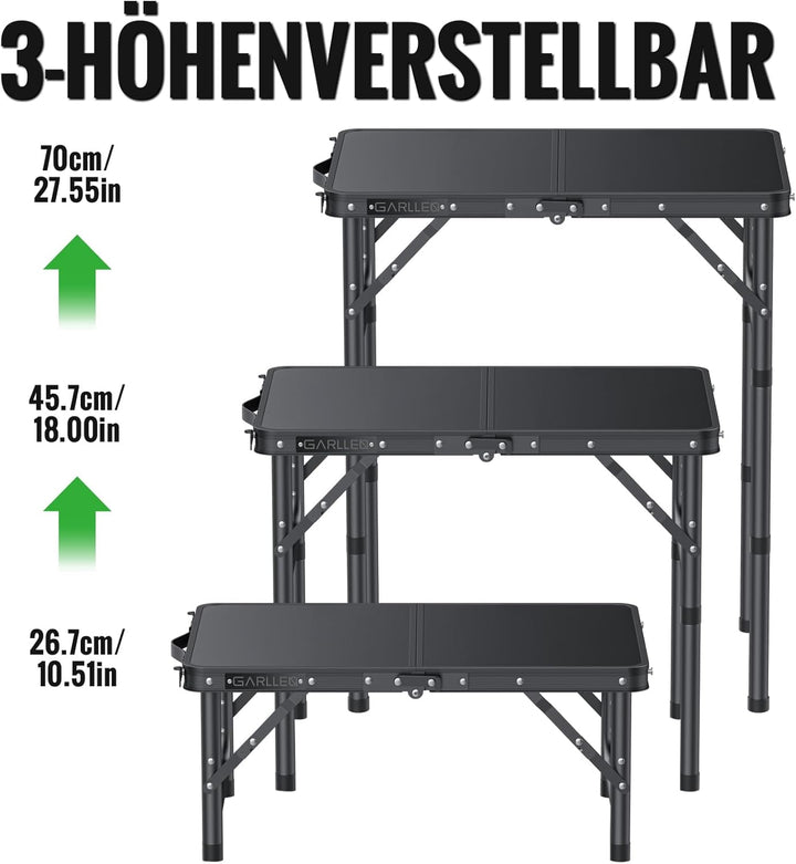 GARLLEN Campingtisch klappbar, 58x40cm & 3 einstellbare Höhen(26/48/70cm), Klapptisch Camping Tisch,
