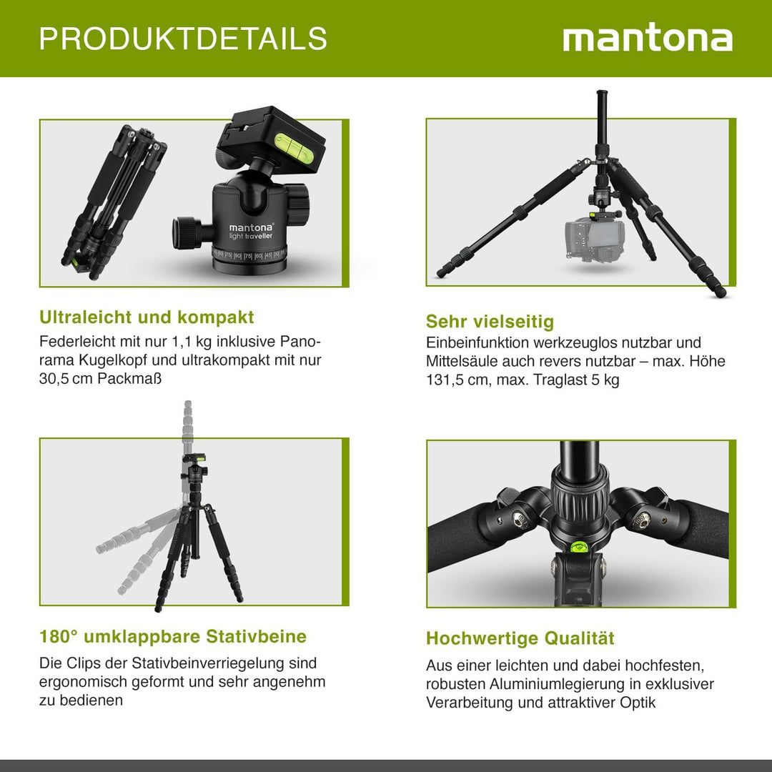 mantona Reisestativ Light Traveller, stabiles Aluminium I leichtes Kamera-Stativ , Kugelkopf + Wechs
