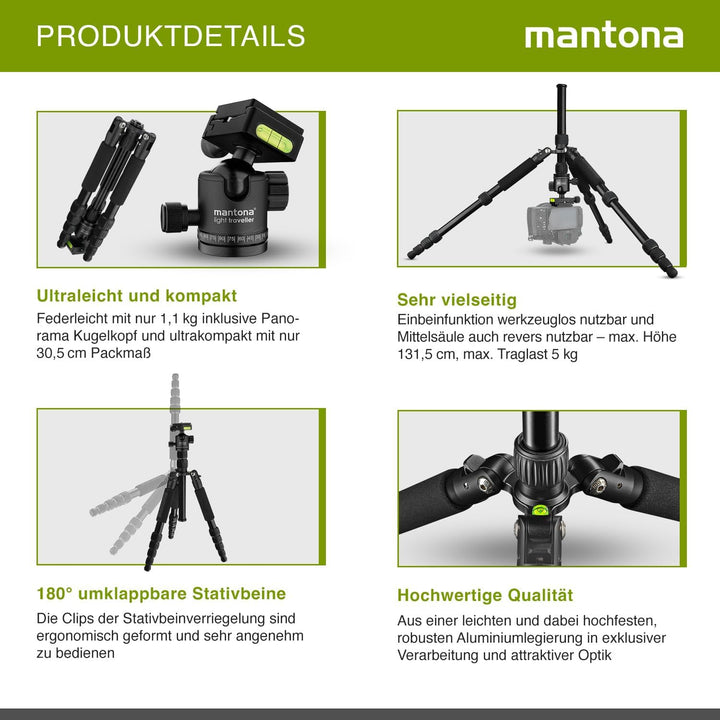 mantona Reisestativ Light Traveller, stabiles Aluminium I leichtes Kamera-Stativ , Kugelkopf + Wechs