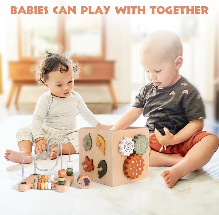WOODEN TEETHER Montessori Motorikwürfel holzspielzeug Montessori Spielzeug 6 in 1（Naturholzfarbe Akt