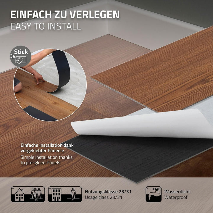 ML-Design Deluxe PVC Bodenbelag, Selbstklebende Vinyl-Dielen, Vinylboden, 91,5 cm x 15,3 cm x 2 mm,