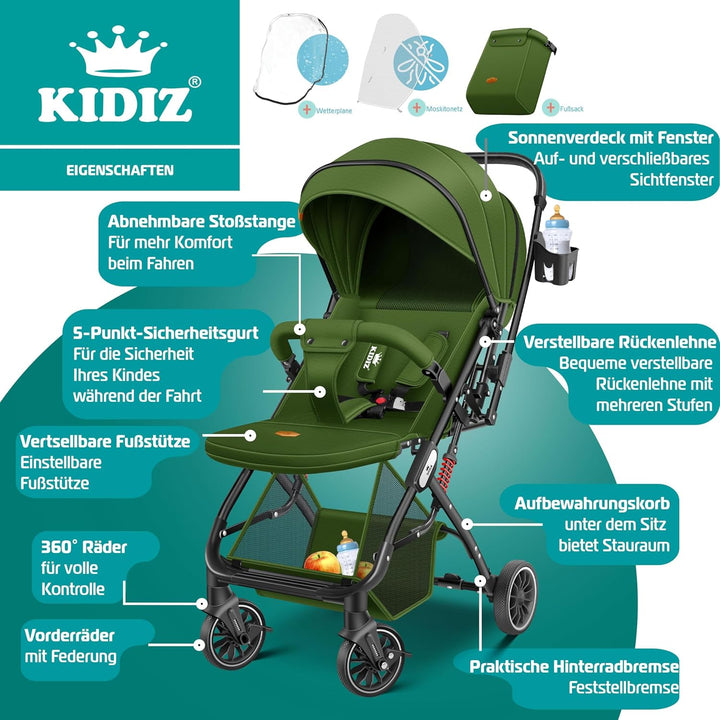 KIDIZ® Kinderwagen Kinderbuggy klappbar Liegebuggy Sportwagen Faltbar 360° Räder 5-Punkt Gurt Inkl.