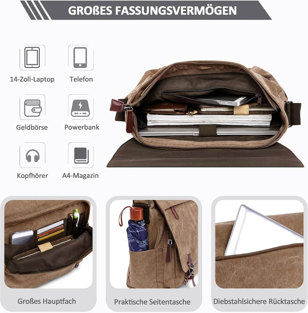 DORRISO Herren Umhängetasche Mode Schultertasche Leinwand Schultertaschen für 13.3 Zoll Laptop Kurie