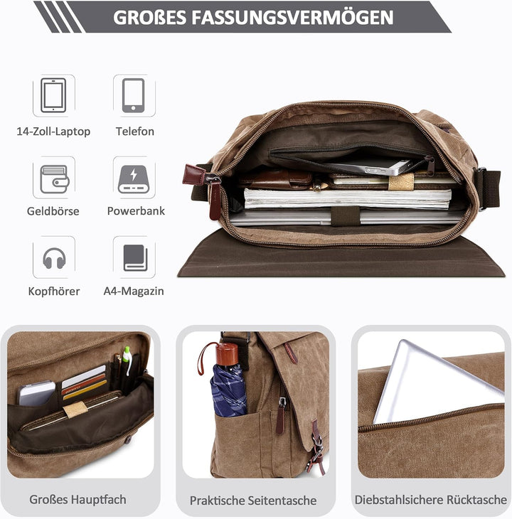 DORRISO Herren Umhängetasche Mode Schultertasche Leinwand Schultertaschen für 13.3 Zoll Laptop Kurie