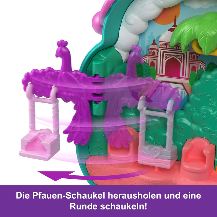 Polly Pocket-Puppen und Spielset, Peacock Garden-Schatulle, Reisespielzeug mit 2 kleinen Puppen und