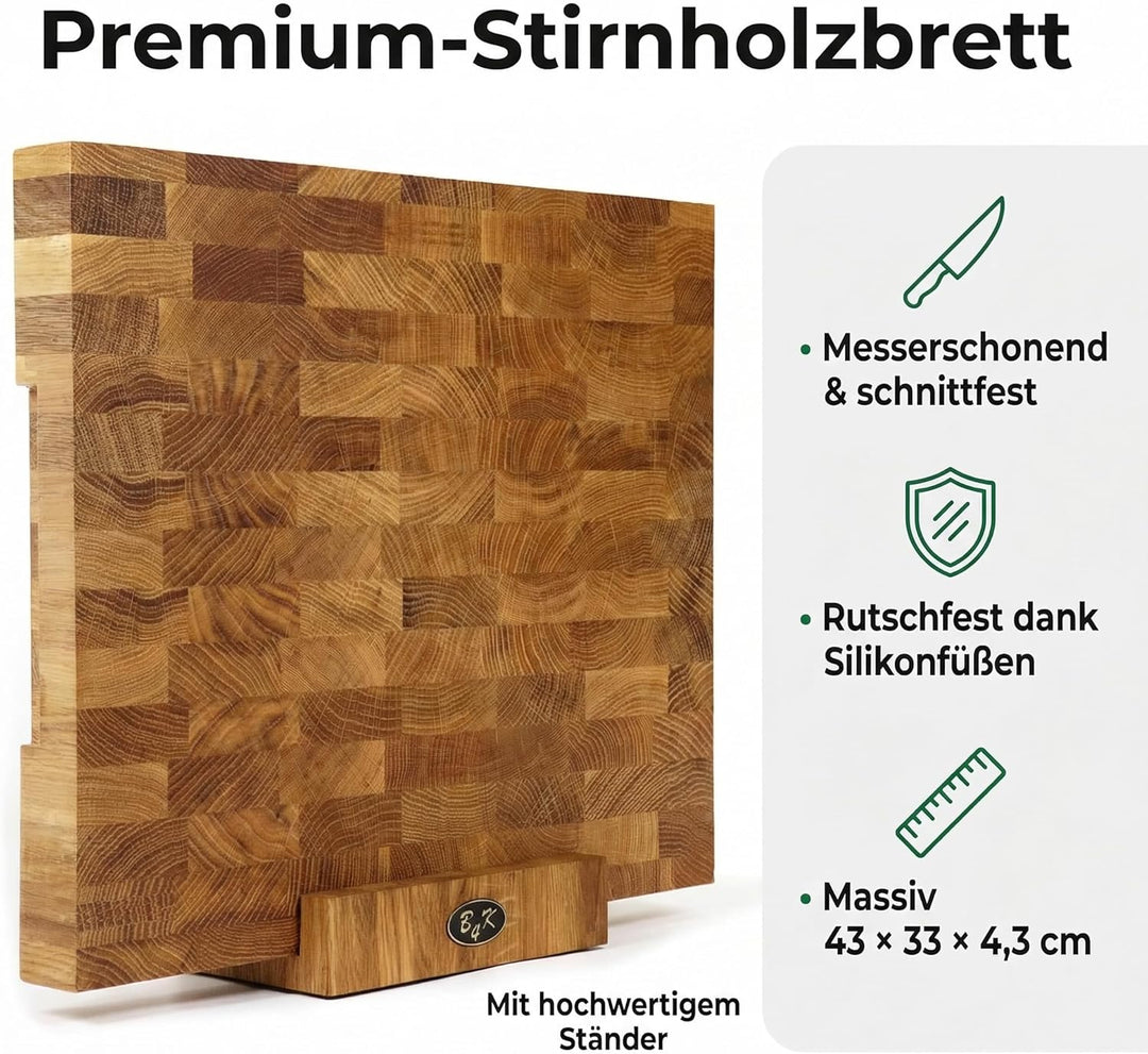 B4K 43х33x4,3cm mit Ständer Hackblock aus Eiche Stirnholz | Hirnholzbrett mit Griffen und Silikonfüs