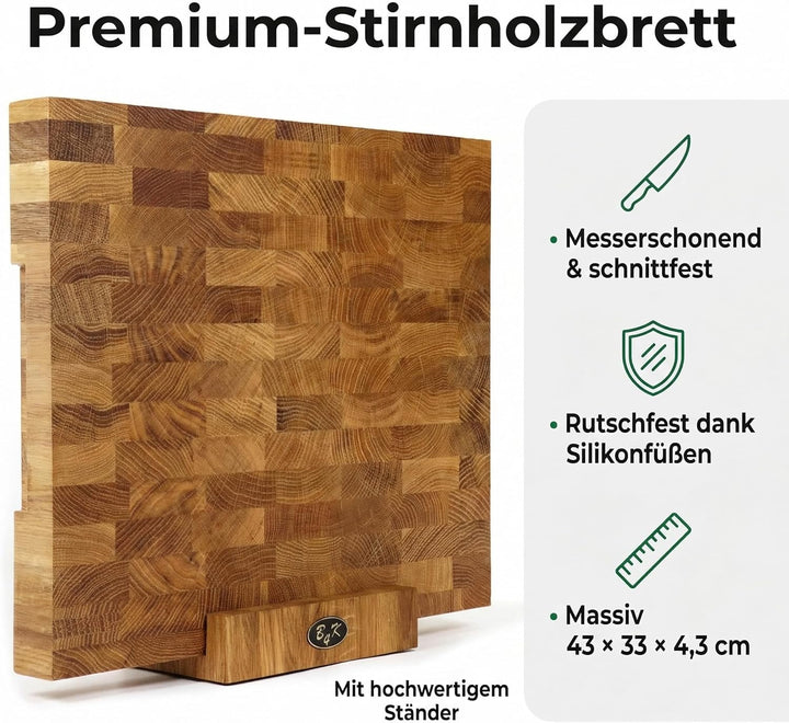 B4K 43х33x4,3cm mit Ständer Hackblock aus Eiche Stirnholz | Hirnholzbrett mit Griffen und Silikonfüs