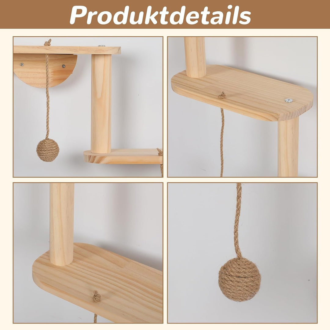 Katzenwand mit Katzentreppe &amp; Hängendem Spielball, 2 in 1 | Kratzbaum, 5 Ebenen Katzenkletterwand, M