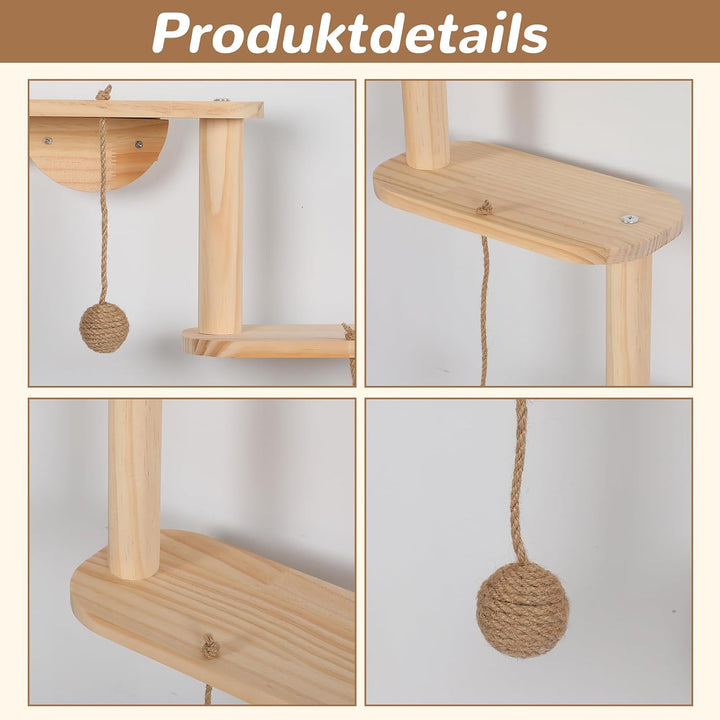 Katzenwand mit Katzentreppe &amp; Hängendem Spielball, 2 in 1 | Kratzbaum, 5 Ebenen Katzenkletterwand, M