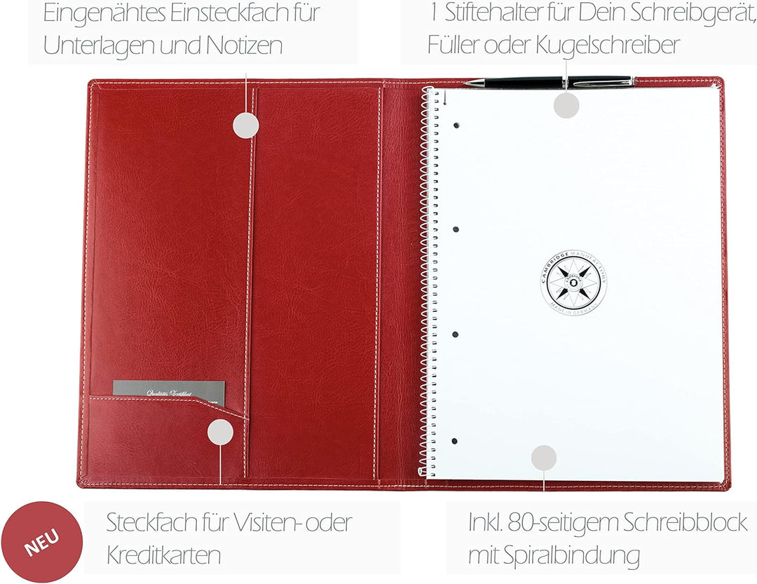 DELMON VARONE - Schreibmappe inkl. Notizblock DIN A4 (80 Blatt) aus veganem Eco Kunstleder Rot - Org