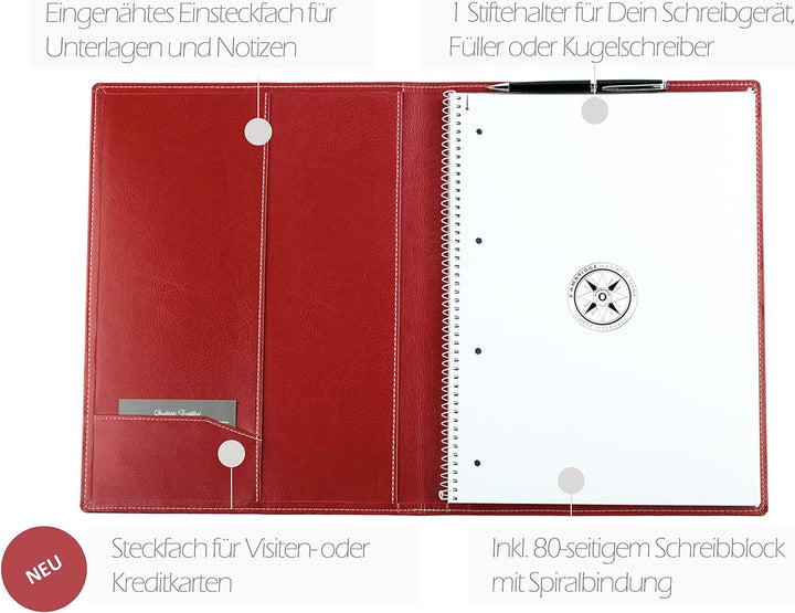 DELMON VARONE - Schreibmappe inkl. Notizblock DIN A4 (80 Blatt) aus veganem Eco Kunstleder Rot - Org