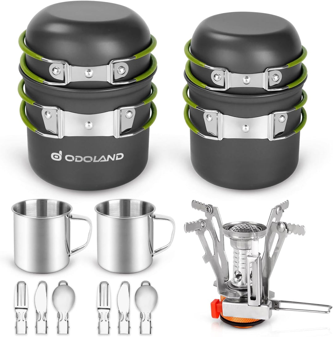 Odoland Camping Geschirr Set 16 PCS für 2 Personen Outdoor Kochgeschirr aus Aluminium und Edelstahl