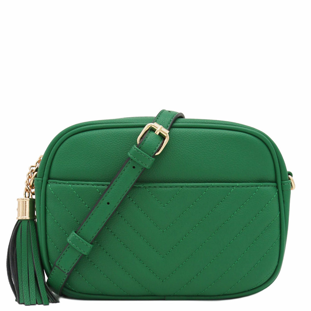 FashionPuzzle Chevron gesteppte Crossbody-Kameratasche mit Kettenriemen und Quaste Kelly, Grün, Kell