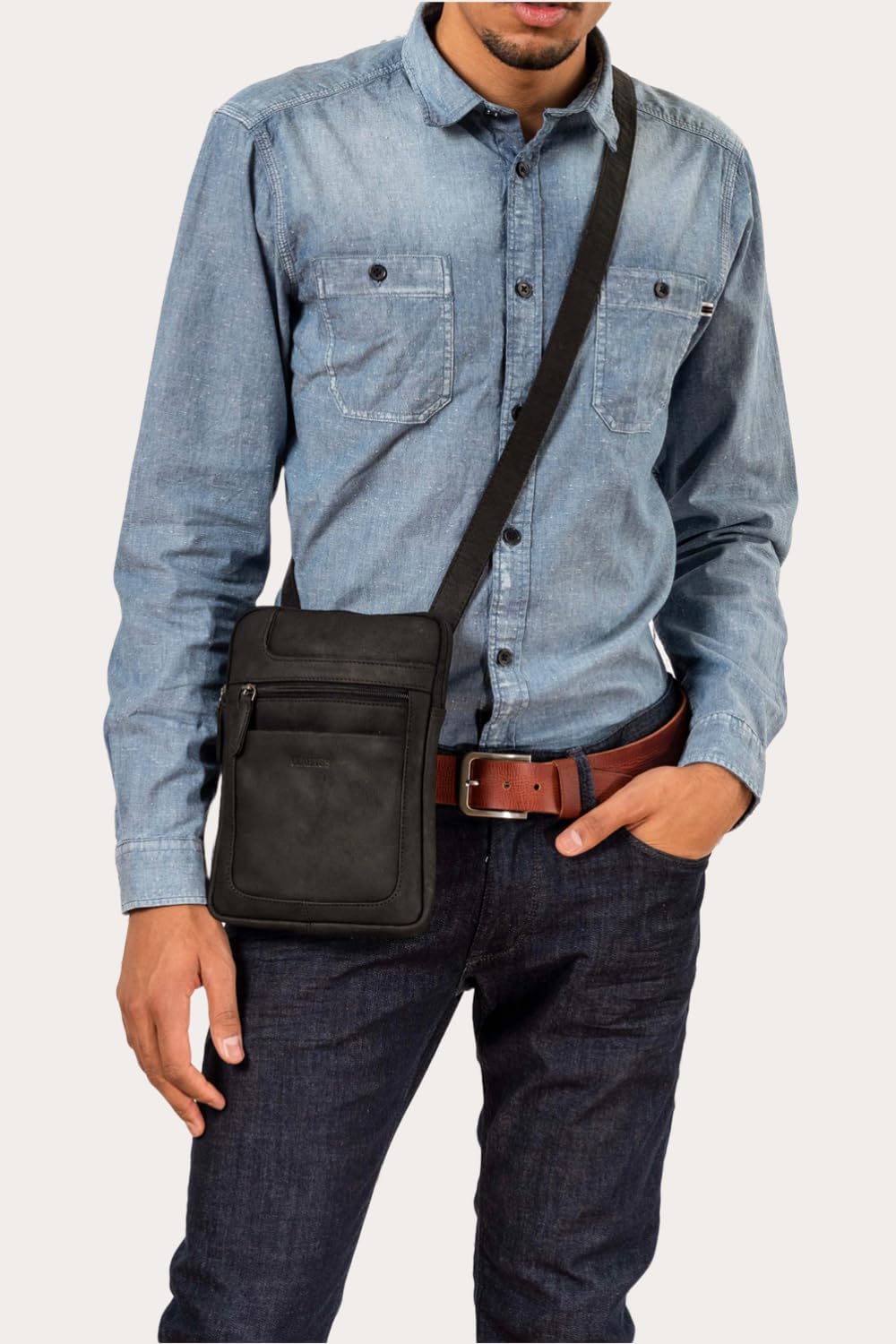 LEABAGS Detroit Umhängetasche Herren – Kleine Leder Umhängetasche 21x26 cm – Mini Crossbody Tasche m