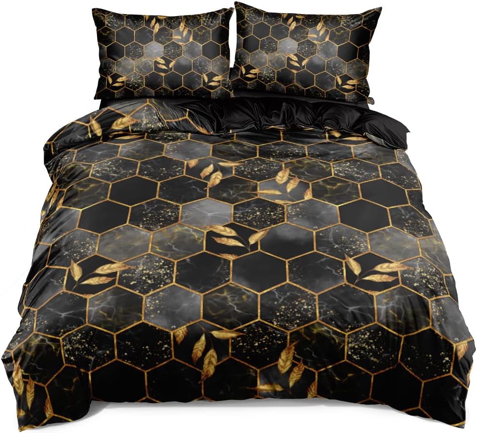 Schwarze Bettwäsche Set 200x220 cm Schwarz Gold Marmor Muster Karierte Bettwäsche Set Blätter 3D Mot