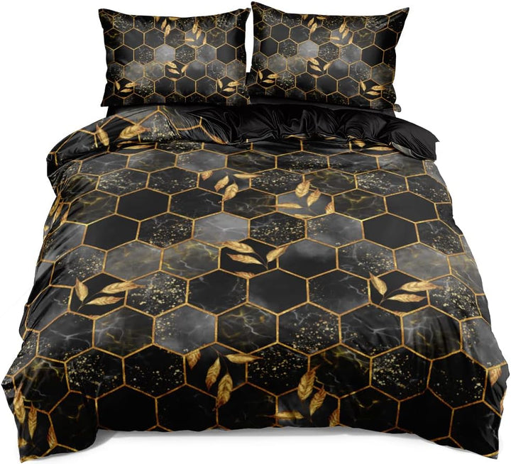 Schwarze Bettwäsche Set 200x220 cm Schwarz Gold Marmor Muster Karierte Bettwäsche Set Blätter 3D Mot