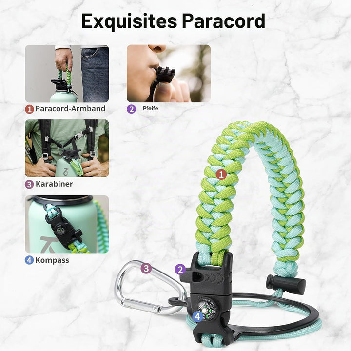 Trebo Isolierte Wasserflasche mit Paracord-Griff und Strohhalm, 1,8 l Fassungsvermögen, Edelstahl, g