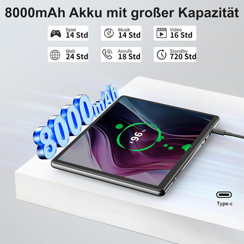 QDDQ Tablet 10 Zoll, 2-in-1 Tablet mit Tastatur, Android 13 Tablet, 256GB ROM+1TB TF, 8000mAh mit Hü