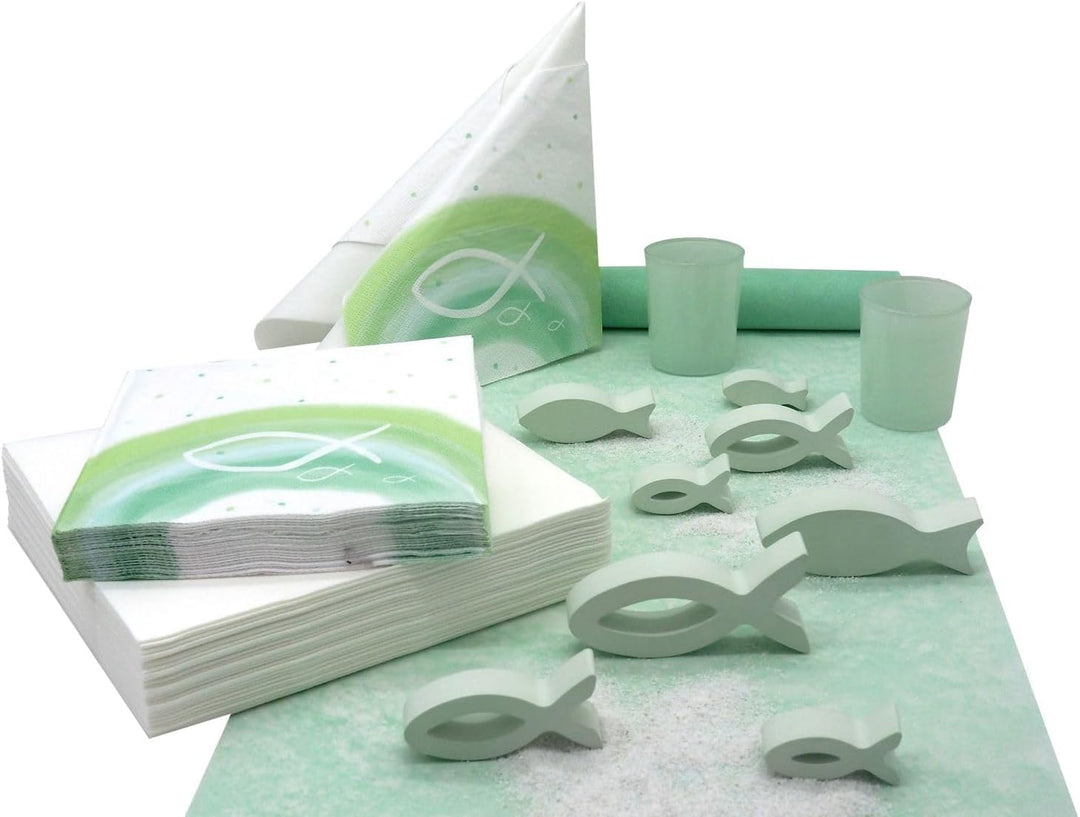 Kommunion Konfirmation Tischdeko Mint Grün Salbei Weiss Fisch Set 20 Personen