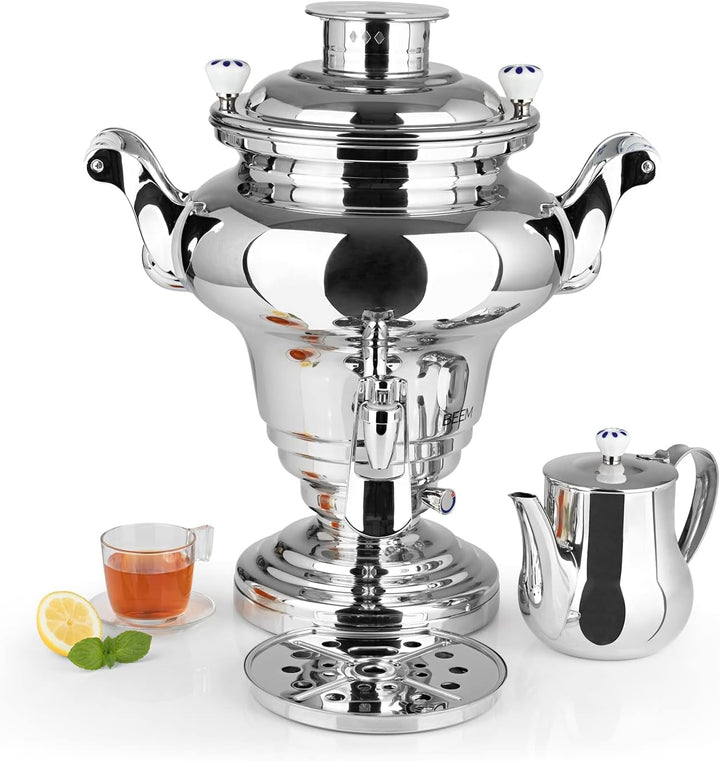 BEEM ROYAL+ Samowar - 15 l | Edelstahl | Türkischer Teekocher elektrisch | 3000 W| 2 l Edelstahl-Tee