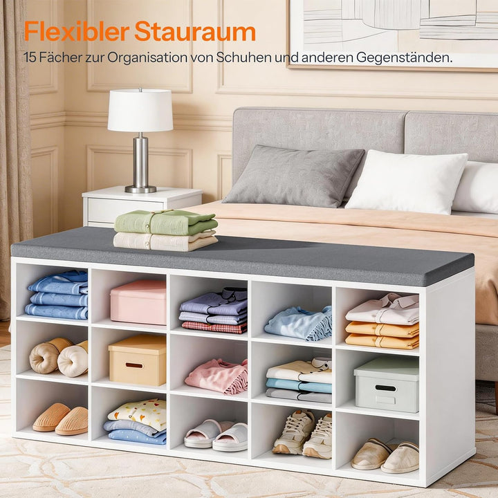 HOOBRO Schuhbank mit 15 Fächern, Schuhregal mit gepolsterter Sitzbank, Schuhschrank, 110 x 30 x 48 c