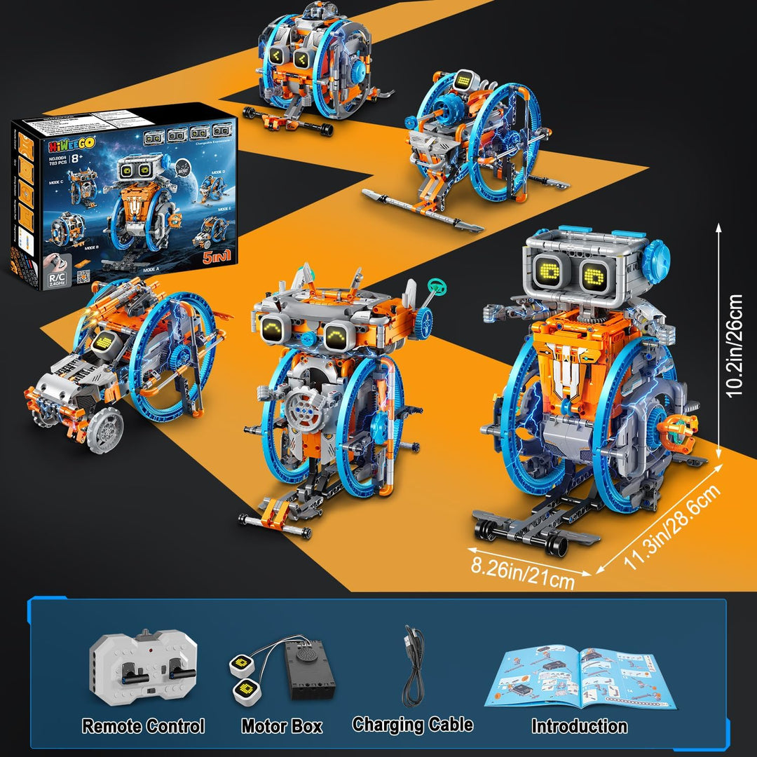 Technik Roboter für Kinder Bauspielzeug mit LED-Augen, 5-in-1 Fernbedienung und App Wiederaufladbare