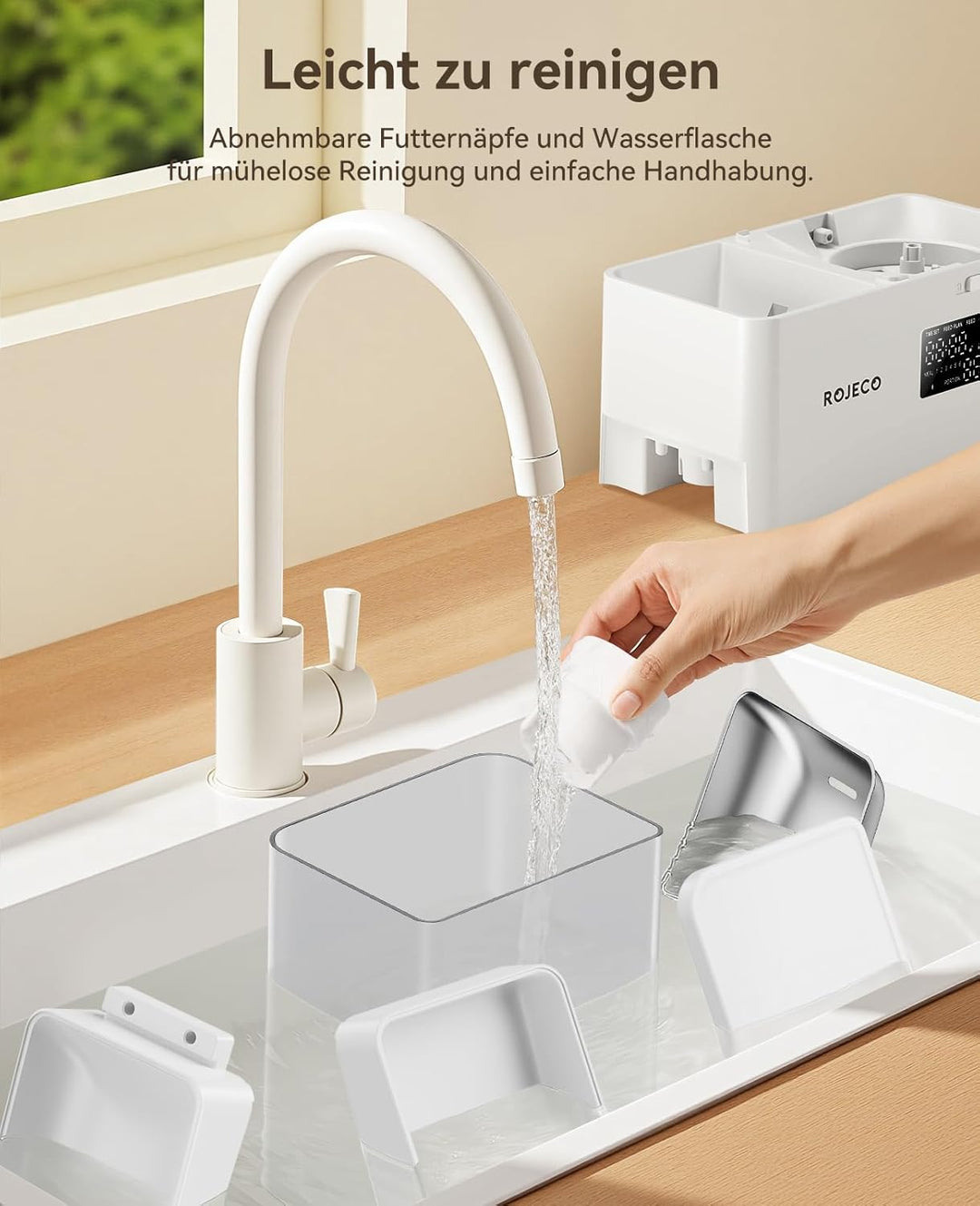 Rojeco 2-in-1 Futterautomat und Wasserspender, 5L Trockenfutter Automat für Katzen mit 3.5L Wasserta