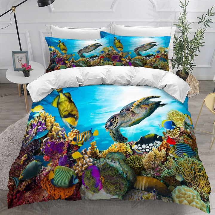 EHAOKK 3D Meer Tier Bettwäsche Set,Delfin,Tropischer Fisch,Korallen,Meeresleben Bettbezug,Blaue Unte