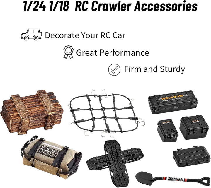 Ezweiji RC Crawler Car Dachdekoration 10-in-1 Tankaufbewahrungsbox, Gepäcknetz, Schaufel, Für Traxxa