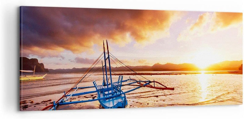 Panorama Bilder auf Leinwand 100x40cm Leinwandbild Ufer Boot Strand Gross Wanddeko Bild Schlafzimmer