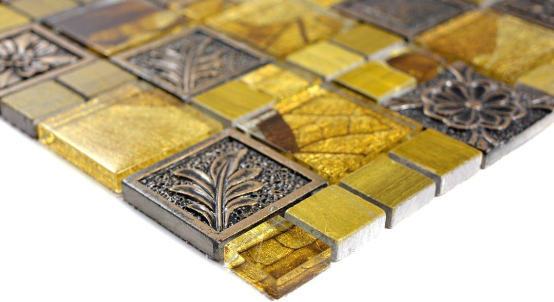 Mosaik Fliese gold Glasmosaik Crystal gold Ornament für WAND BAD KÜCHE FLIESENSPIEGEL THEKENVERKLEID