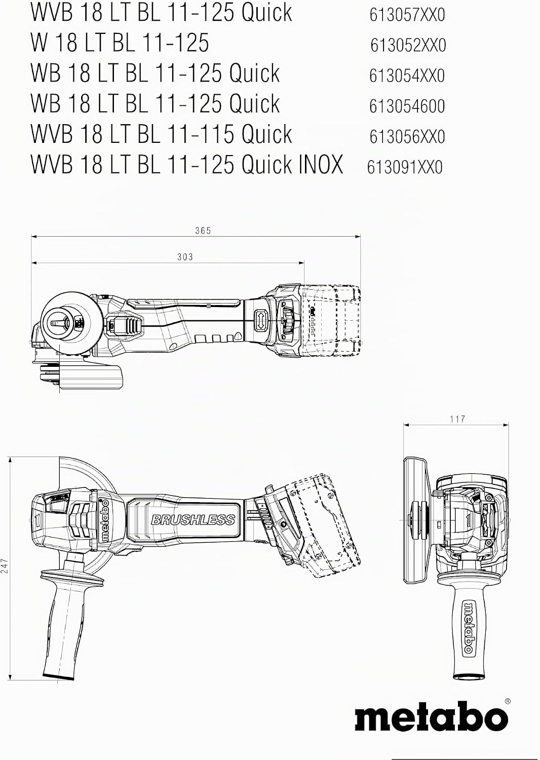 Metabo Akku-Winkelschleifer W 18 LT BL 11-125 – 613052850 – 18 V – Schleifer mit kraftvollem Brushle