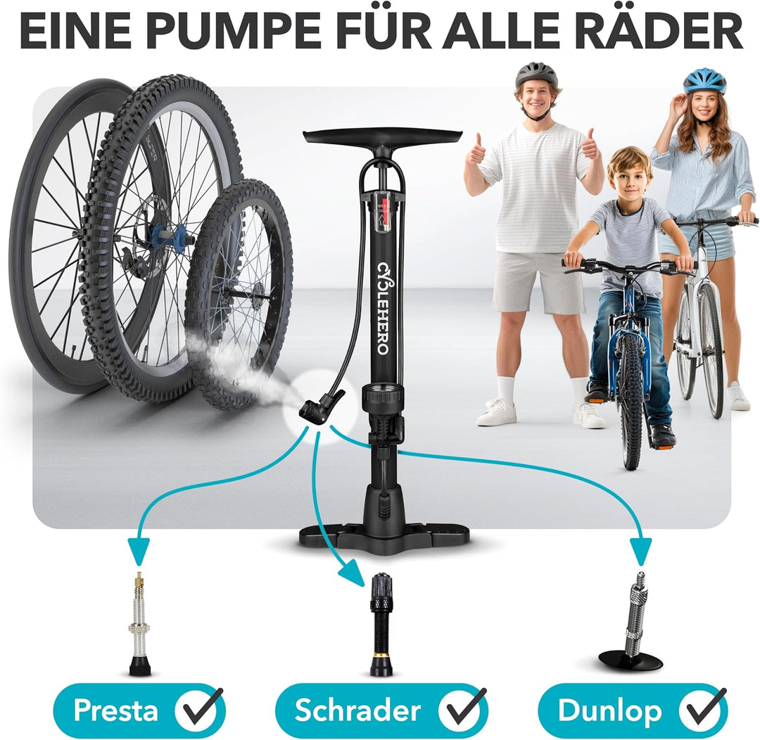 CYCLEHERO Fahrradpumpe für alle Ventile - Leistungsstarke Luftpumpe mit Manometer und 2 Jahren Garan