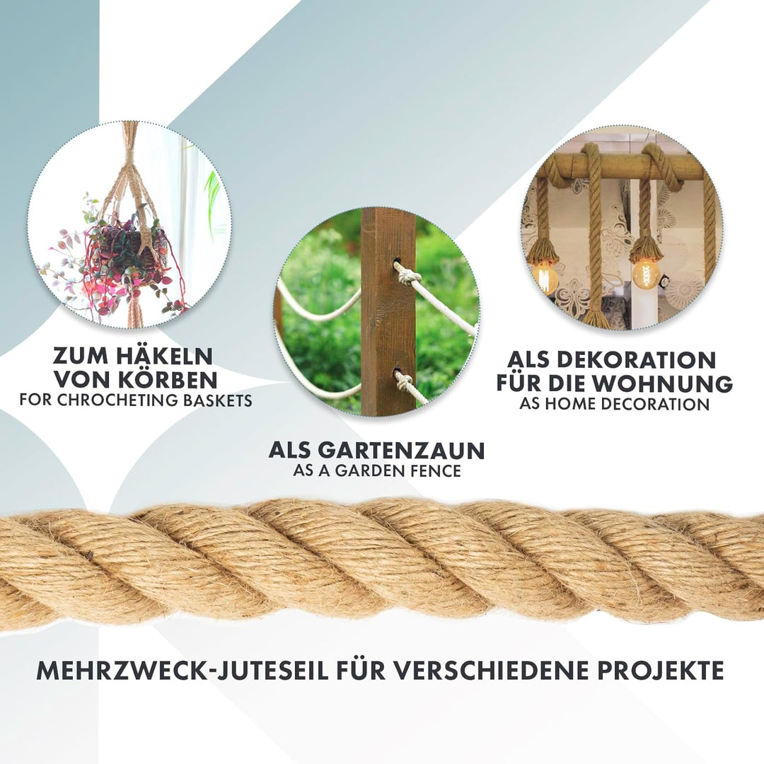 Floordirekt Juteseil 50m 30mm Dicke Juteschnur, Tau Seil aus 100% Natur Jute extra Starke Juteband S