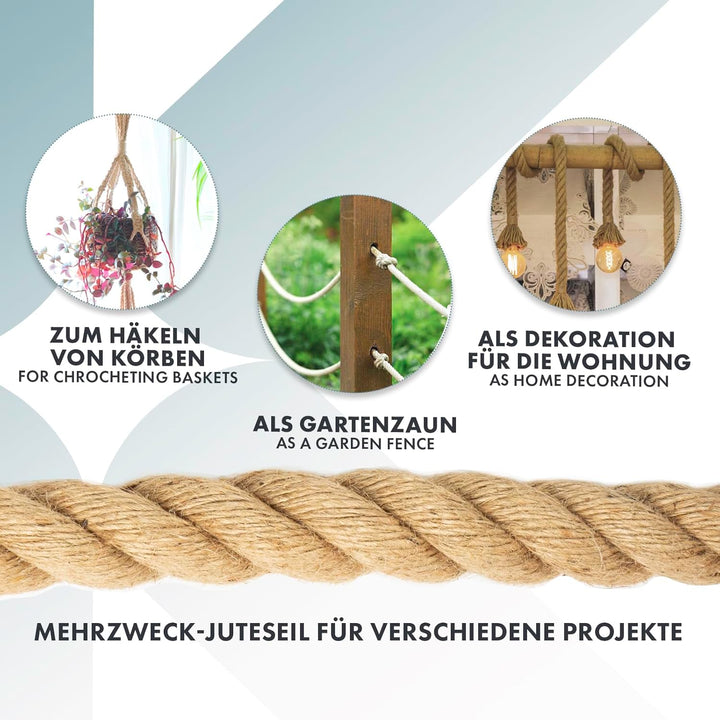 Floordirekt Juteseil 50m 30mm Dicke Juteschnur, Tau Seil aus 100% Natur Jute extra Starke Juteband S