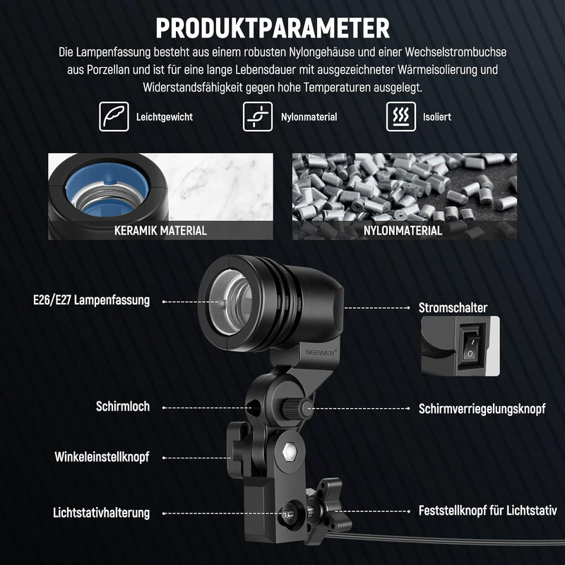 NEEWER E26 E27 AC Keramikfassung Lampenfassung mit Lichtstativhalterung, Schirmhalter, 320cm verläng