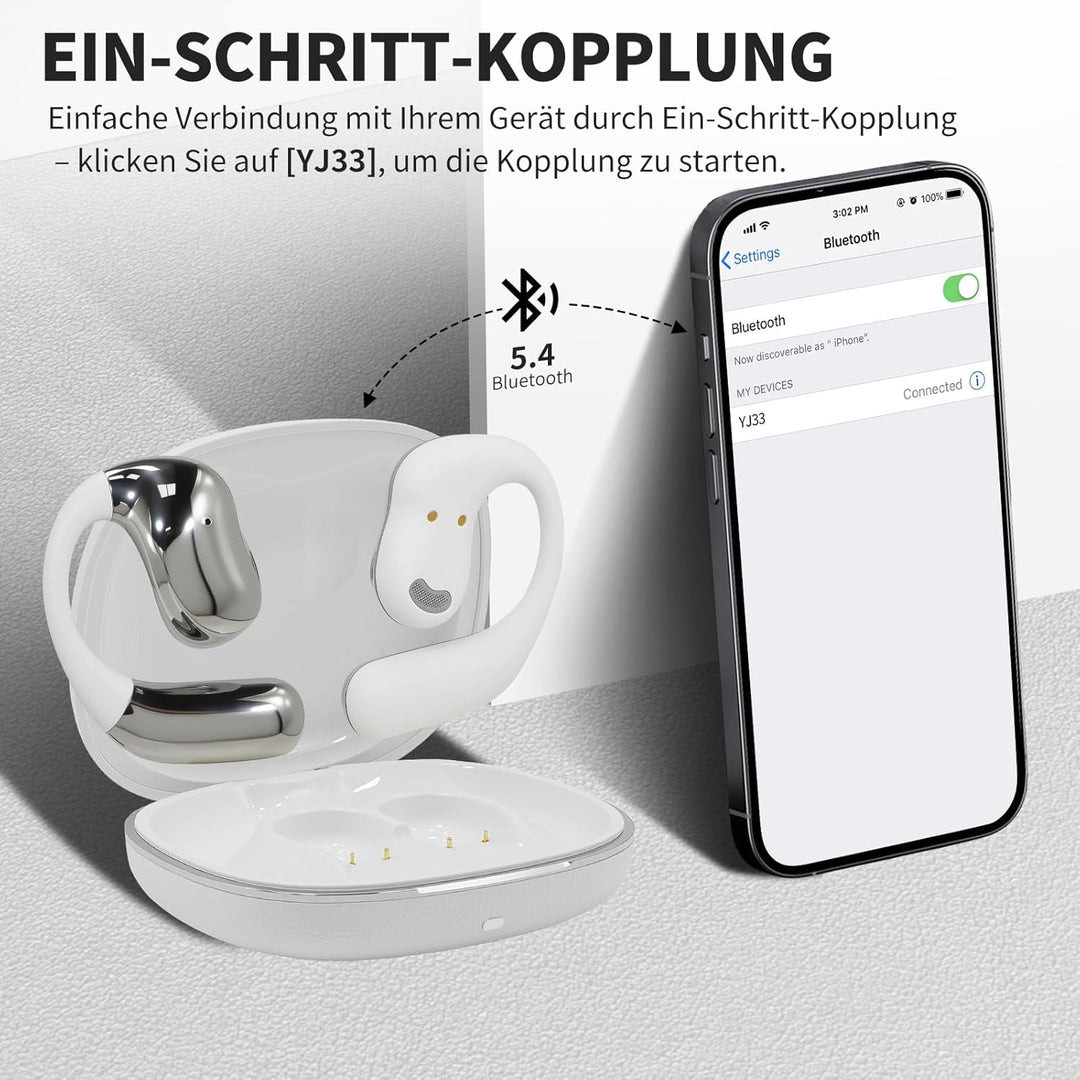 Öffnen Ohrhörer, Open Earbuds mit Touchscreen, Knochenleitung Drahtlose Ohrhörer, Bluetooth 5.4, 120