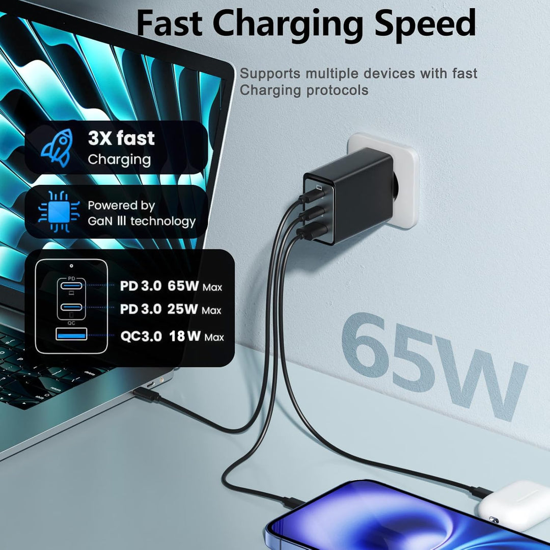 USB C Ladegerät 65W, 3-Port【2 USB C+1 USB A】USB-C Netzteil PPS Schnellladegerät PD+QC Charger kompat